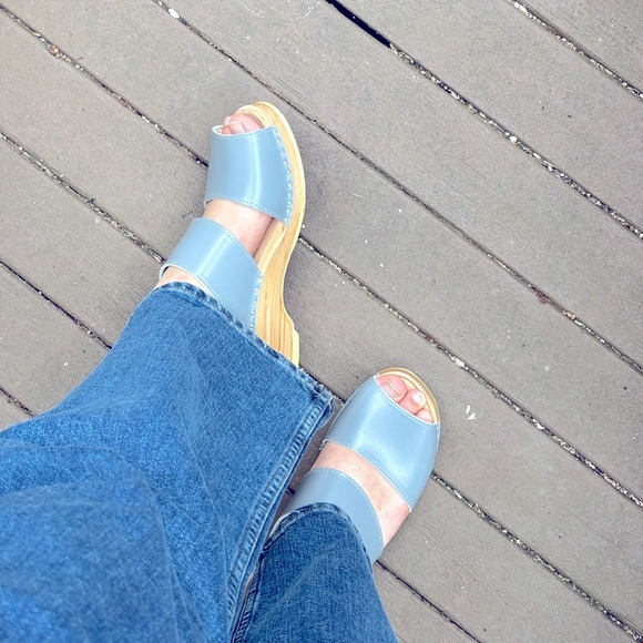 Troentorp Sweden Karin Swedish Grey/Blue and Tan Minimalist Wooden Mules Size 39 - Picture 1 of 11